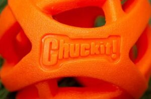 Close up op Chuckit! Adem Rechts oranje hond tennisbal open traliewerk structuur