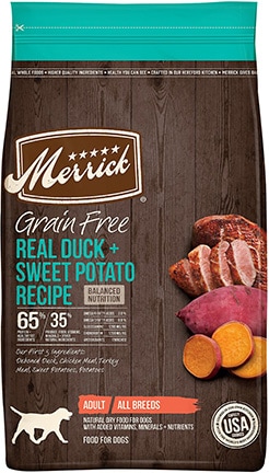 Merrick graanvrije eend + zoete aardappel recept droog hondenvoer