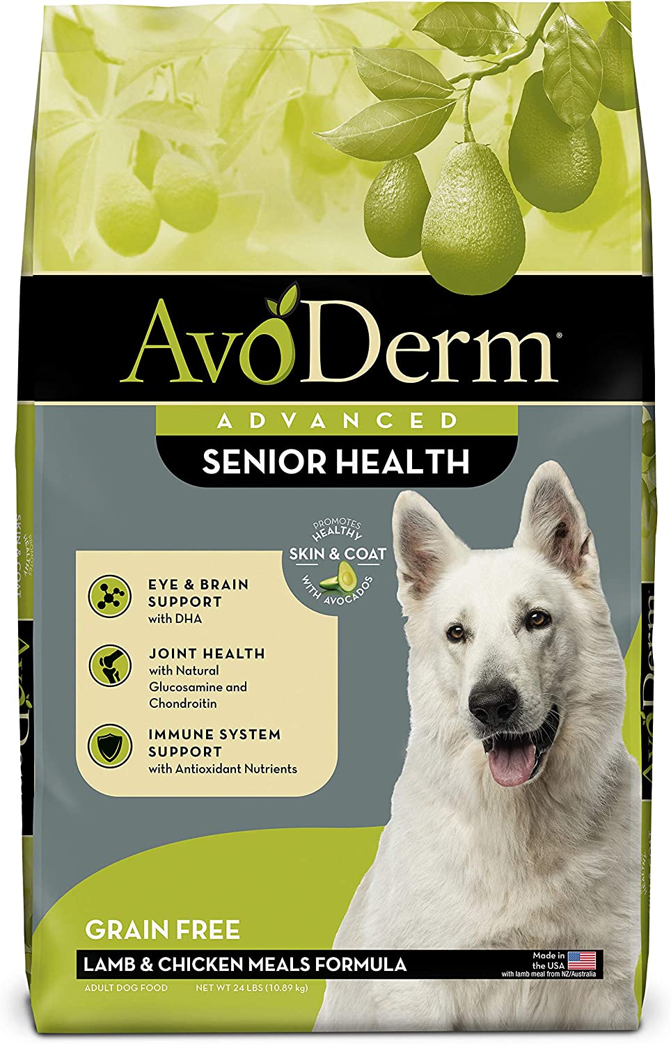 AvoDerm Natural Advanced Senior Health Droog hondenvoer, graanvrij, lamsrecept, graanvrij senior, 24 lb