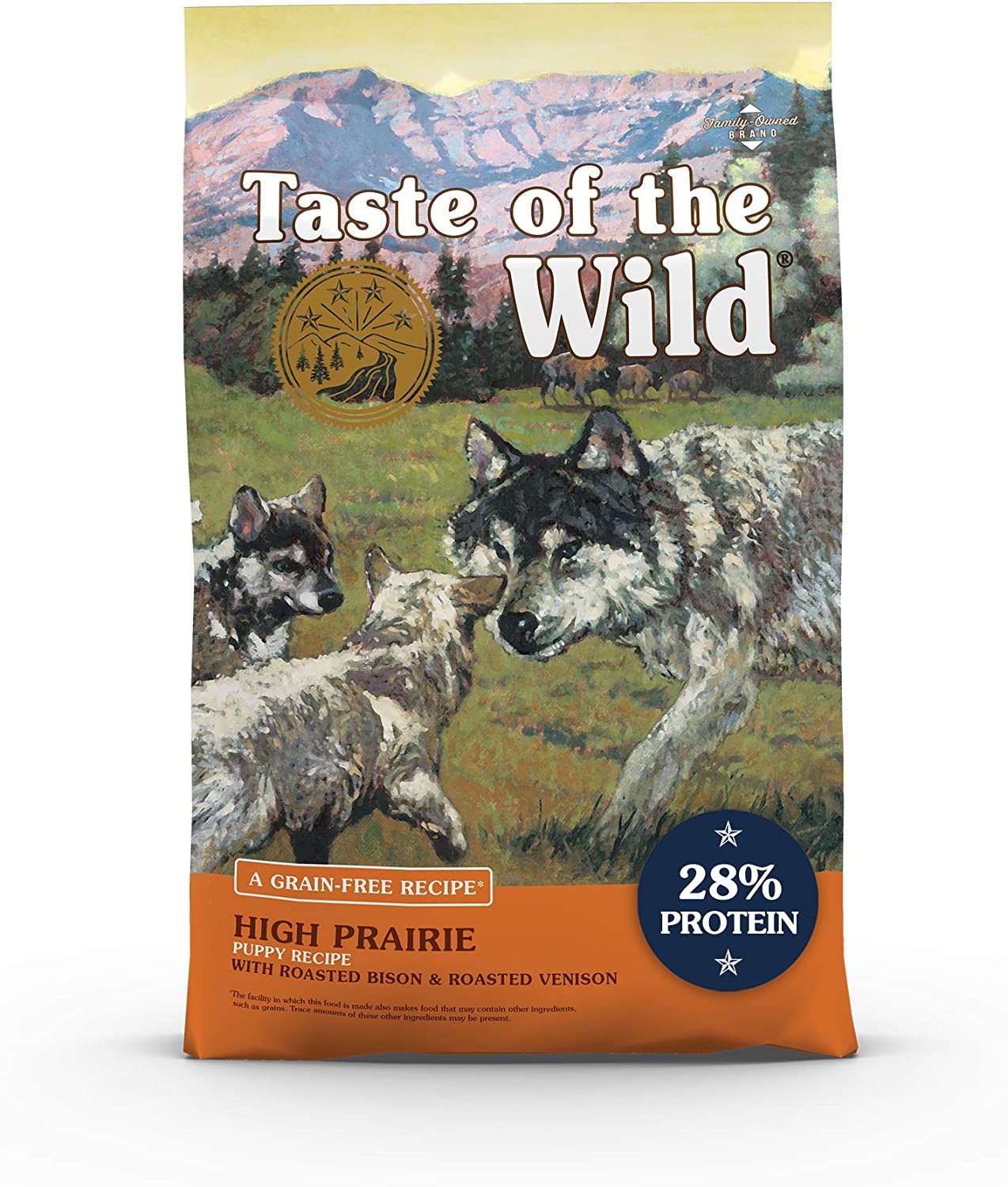 Smaak van de Wild High Prairie Canine Grain-Free Recept met geroosterde bizon en herten droog hondenvoer voor puppy's, gemaakt met veel eiwitten uit echt vlees en gegarandeerde voedingsstoffen en probiotica 14lb
